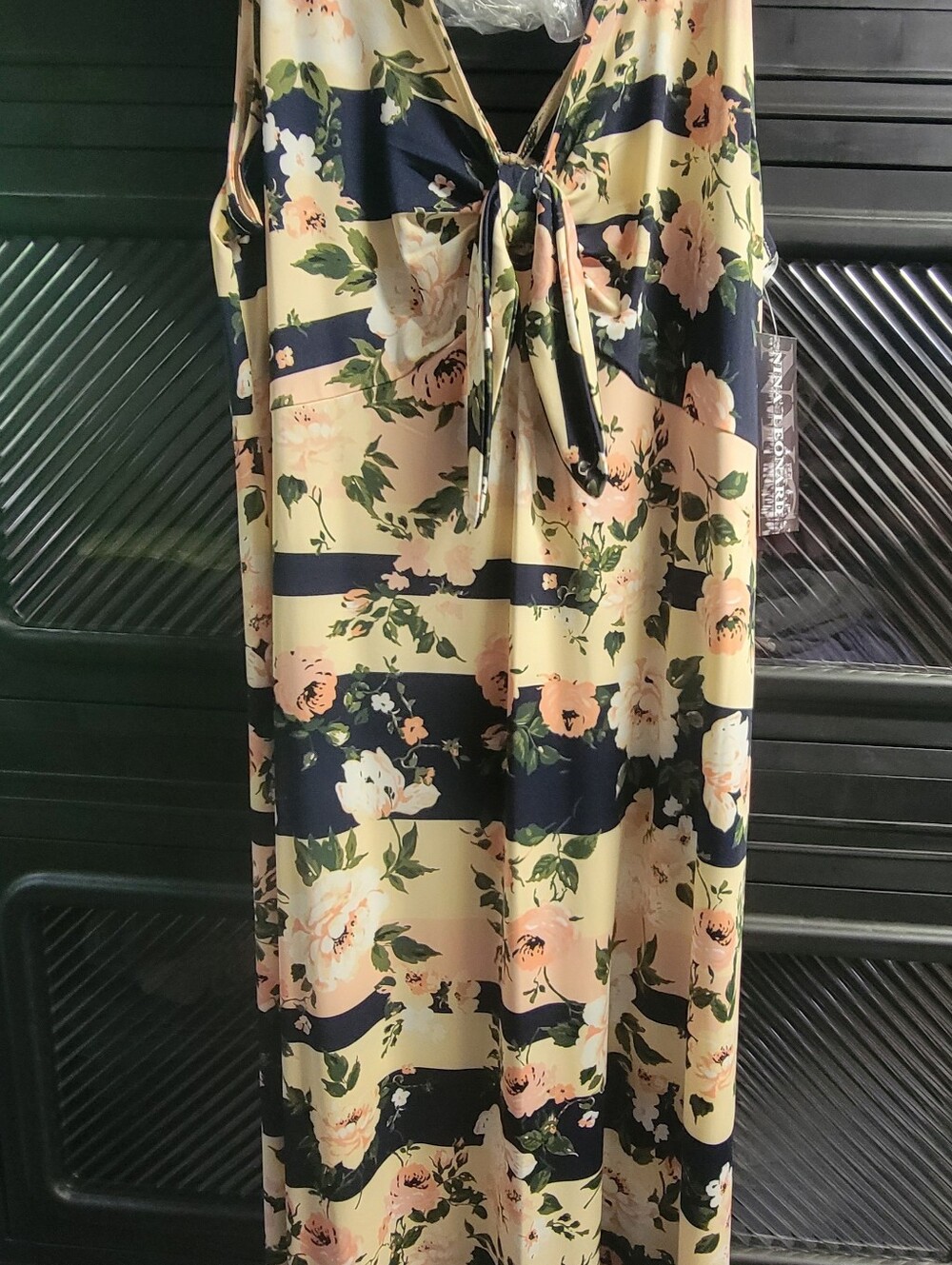 Nina Leonard Navy and Peach Floral Tie-Front Maxi Dress